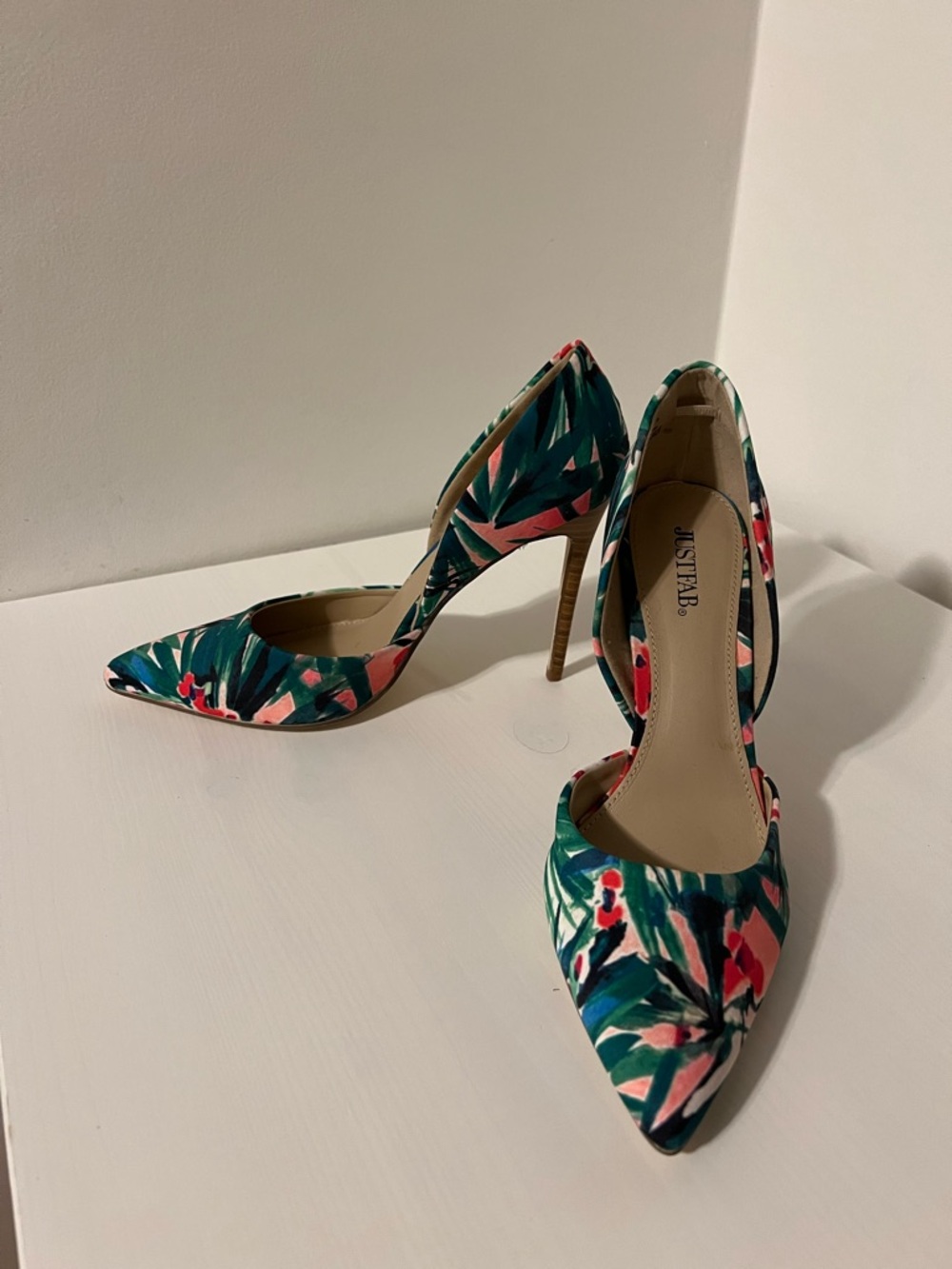JustFab Floral Pointed-Toe Stilettos in Teal & Pink